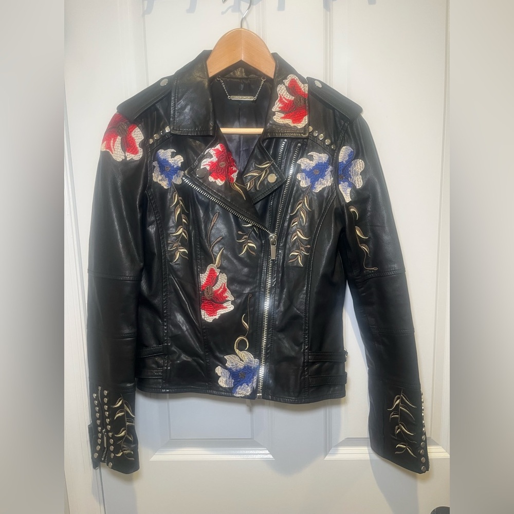 Malibu Road Black Embroidered Genuine Leather Moto Jacket Size Small